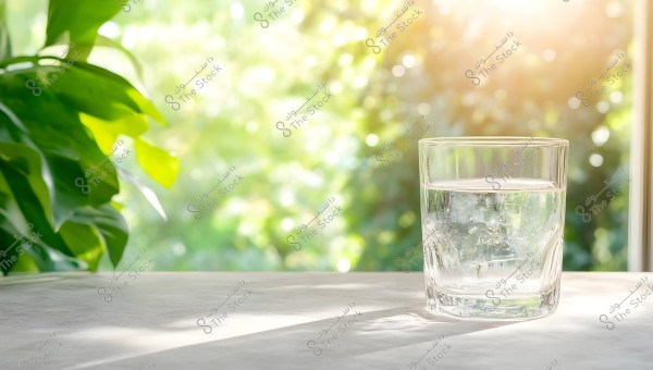 A glass cup filled with water placed on a white table surface. In the background, there are green plants and bright sunlight creating an atmosphere of freshness and tranquility.