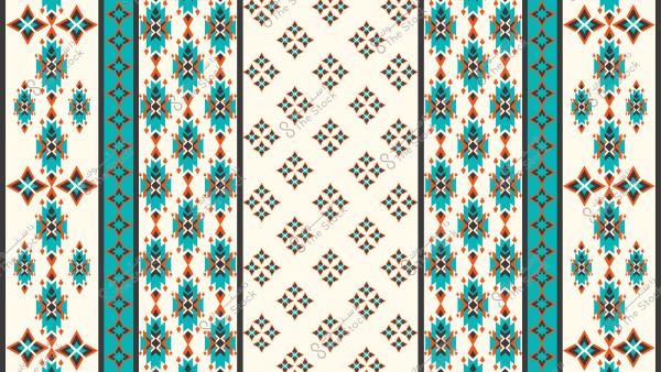 نمط تقليدي يتضمن تصميمات هندسية ملونة باللون الأزرق الفيروزي والأحمر والبرتقالي والأسود على خلفية بيضاء. تتميز النقوش بأشكال ماسية ومثلثات متداخلة في تكوينات مكررة, مما يعطي مظهرًا متناظرًا وأنيقًا.