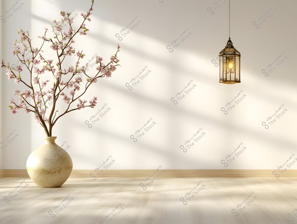 An image of a minimalist room featuring a large light-colored vase on a wooden floor, containing branches of a flowering tree with pink blossoms. Shadows of the branches are cast on the white wall, above which hangs an illuminated lantern from the ceiling.