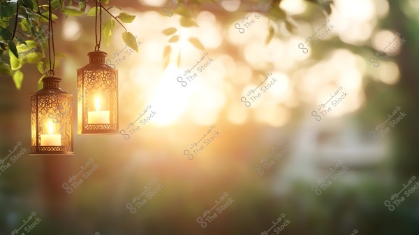 Two lanterns hanging from a tree with a blurred sunset background. The lanterns are made of intricate metalwork surrounding lit candles. Green foliage surrounds the lanterns, adding a natural and warm touch to the scene.