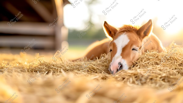 A small brown foal with a white patch on its face gently resting on a pile of straw. The foal looks relaxed and has closed eyes, surrounded by warm sunlight that creates a calm and soothing atmosphere. A part of a barn is slightly visible in the background, and the colors of the straw blend with the sunlight.