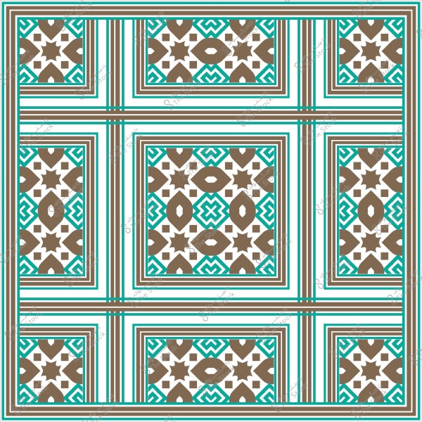 نمط زخرفي إسلامي يشمل أشكال هندسية باللون البني والأزرق التراكوازي.