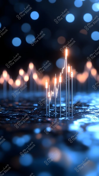 An image showing a 3D bar chart with glowing orange columns emerging from a water-like surface, set against a blurred background with illuminated blue dots, highlighting a digital or financial data atmosphere.