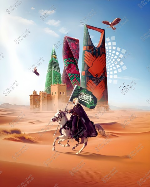 The image shows a rider in traditional Saudi attire on a white horse, riding across a vast desert with orange sand dunes. The rider holds the flag of Saudi Arabia. In the background, modern buildings with traditional designs and prominent towers are visible, with birds soaring in the clear blue sky.