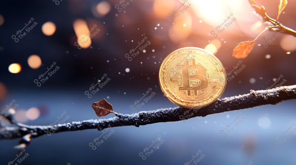 Image of a golden Bitcoin coin placed on a snow-covered tree branch, surrounded by brown autumn leaves. The background is blurred with lit circular lights, creating a cold winter ambiance.