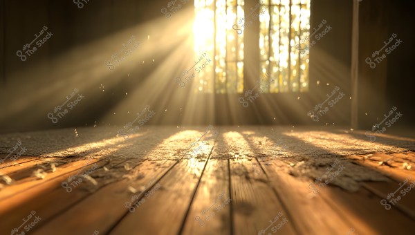 Sun rays stream through a window, illuminating an old wooden floor with tiny dust particles floating in the air. The golden light creates a calm and warm atmosphere in the room.