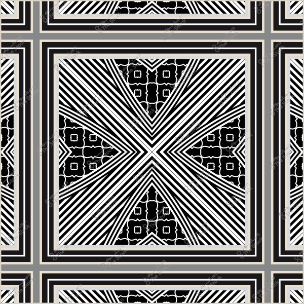 نمط هندسي بخطوط متقاطعة وأشكال زهرية متكررة باللونين الأسود والأبيض.