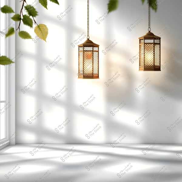 Hanging metal lanterns with an oriental design casting light on a white wall, with soft shadows of leaves from the adjacent window adorning the background.