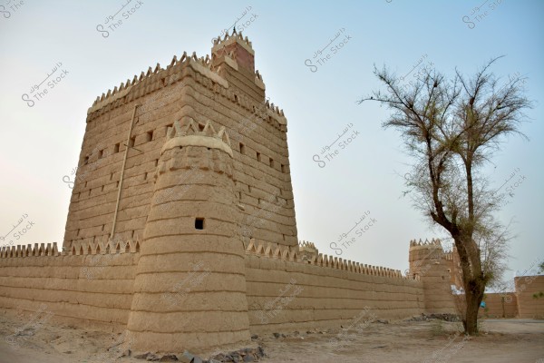 Image of a traditional mudbrick fortress showcasing ancient architecture with high walls and watchtowers featuring triangular decorations at the top. The fortress is located in a desert area with a barren tree on the right side of the image, and a clear sky in the background.