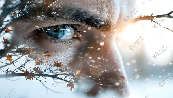 A composite image showing a close-up of a blue human eye, overlaid with dry tree branches and fallen leaves. The scene is filled with a winter atmosphere with snowflakes falling and sunlight reflecting in the background, adding beauty and depth to the view.