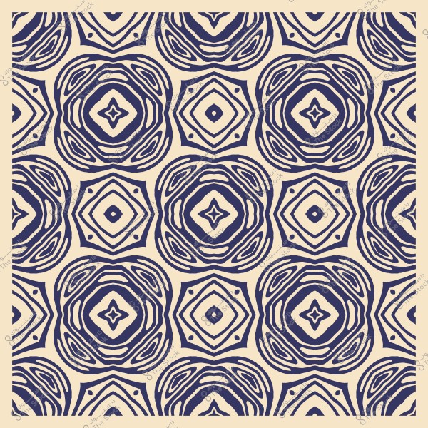 نمط هندسي متكرر بألوان زرقاء وبيج مع تصاميم شكلية على شكل معينات وخطوط متموجة.