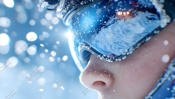 Close-up image of a person\'s face wearing ski goggles. The lenses reflect a snowy landscape and mountains under a blue sky. There are some snowflakes scattered on the goggles and the ski helmet.