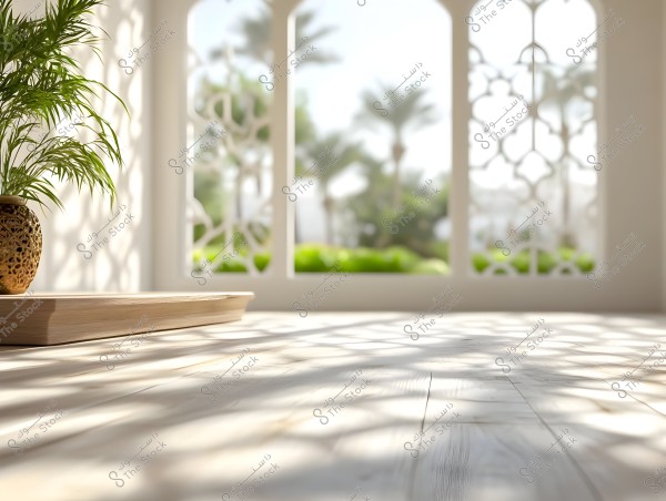 An interior photo of a bright room featuring a green plant in an ornate pot on a wooden table. In the background, there are windows with Arabic-inspired patterns, through which palm trees are visible outside, evoking a warm and cozy Eastern ambiance.
