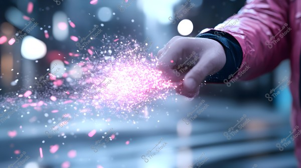A person\'s hand wearing a pink jacket sprinkles pink glitter into the air. The glitter particles sparkle attractively against a blurred city lights background.