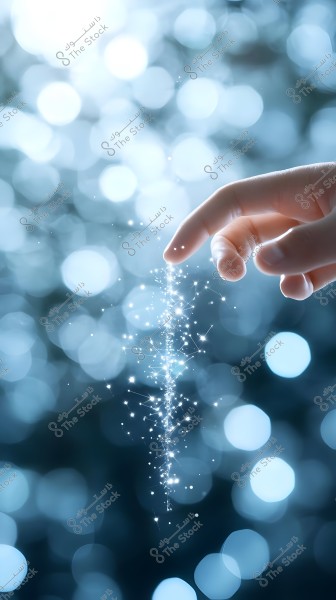 A finger pointing towards a string of sparkling light, in the foreground with a blurred background composed of circular glowing dots. The image conveys a magical and fantasy-like atmosphere with shimmering lights.