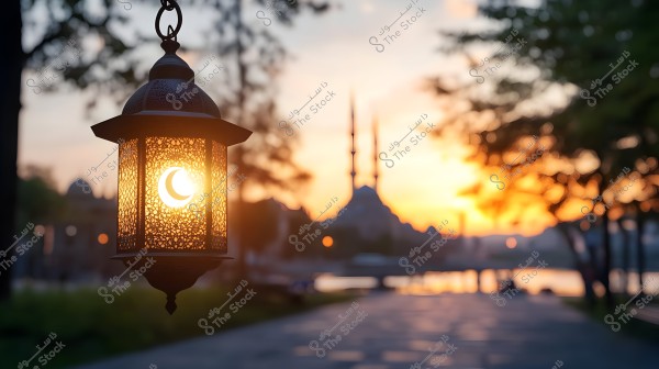 A view of an illuminated lantern with Islamic design featuring intricate patterns and a crescent moon in its center. The background shows a sunset with the silhouette of a mosque-like structure with minarets and trees lining the path.