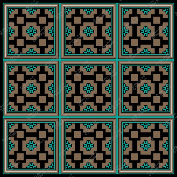 تصميم نمط هندسي عربي تقليدي يحتوي على مربعات متكررة بألوان البني والأسود والأزرق الفيروزي.