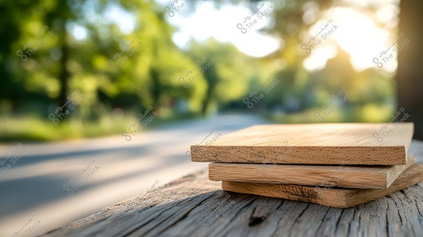 An image of three wooden planks placed horizontally on top of each other on a wooden table outdoors. The background shows a blurry street lined with green trees, illuminated by soft sunlight.