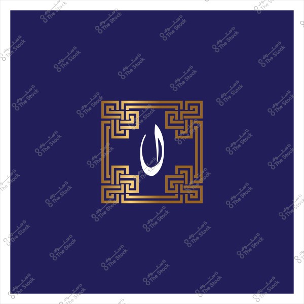 Geometric design surrounded by a decorative gold frame on a dark blue background with a prominent Arabic letter in white.