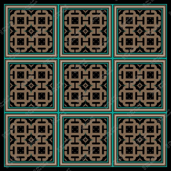 A mosaic design with a geometric pattern consisting of repeating squares in brown, turquoise, and black colors.