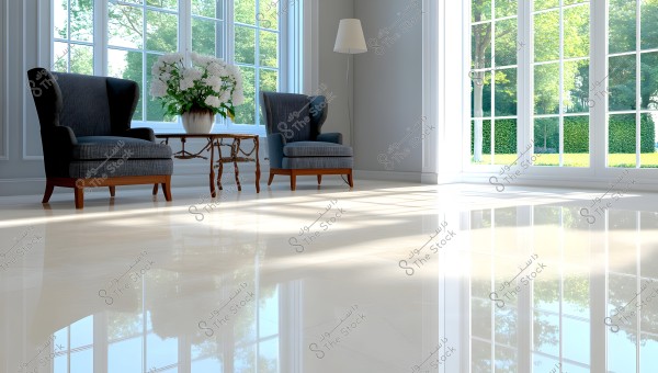 A bright living room features two dark gray armchairs with a decorative glass coffee table between them, holding a large vase filled with white flowers. The floor is glossy and reflective, with a back wall comprised of large floor-to-ceiling windows allowing lots of natural light into the room. Behind the windows are trees and a green garden.