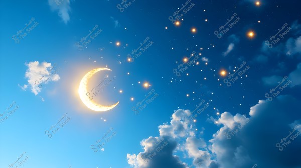 An image of a blue night sky adorned with a glowing crescent moon on the left side. Small twinkling stars are scattered across the scene, with some clouds visible throughout.