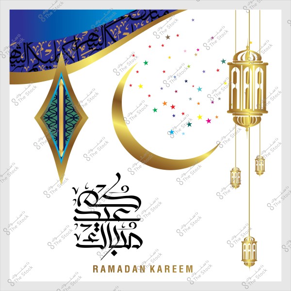 تصميم يحتوي على هلال ذهبي وفوانيس وزخارف إسلامية وكلمة "رمضان كريم" باللغة العربية والإنجليزية.