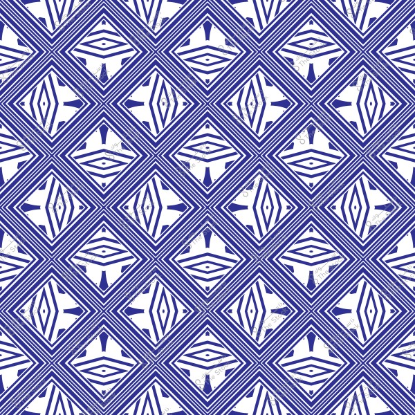 A geometric pattern featuring a repeated design of interconnected blue squares with diamond shapes inside. Each square contains interwoven lines creating a complex pattern. The background is white, highlighting the dark blue pattern.