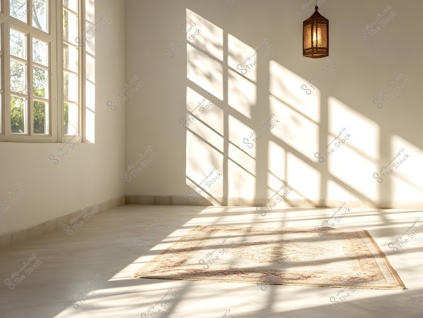 The image shows a sunlit room with light streaming in from a large window on the left. The windows have multiple glass panes and offer a view of plants outside. There is a rug on the smooth floor illuminated by the sunlight, with square shadows of the windows reflecting on the wall and floor. A traditional lantern hangs from the ceiling.