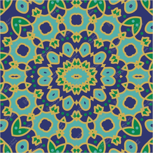 نمط زخرفي هندسي بألوان زرقاء وخضراء وصفراء يتميز بتصميم متناظر ومعقد.