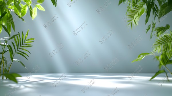 Image of a natural background featuring various green plant leaves hanging from the top corners of the frame. The background is smooth and light blue, with light shadows filtering through, giving the image a calm and refreshing appearance.
