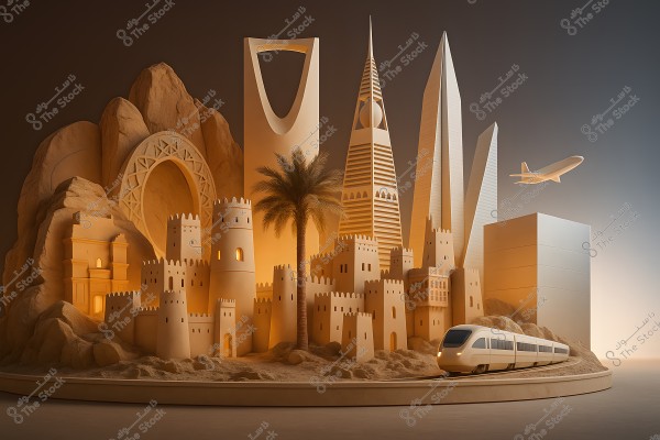 An artistic scene depicting famous landmarks from Saudi Arabia. In the foreground are models of traditional buildings alongside modern towers like the Kingdom Tower and Al Faisaliah Tower. A palm tree is visible, with a plane flying in the sky and a train moving in the foreground. The scene is crafted in warm colors evoking art and progress.