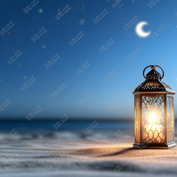 A lit lantern with an intricate design placed on the sand with a seaside background under a clear blue sky and a glowing crescent moon. The lantern casts a warm glow on the sand, adding a serene and calming atmosphere to the image.