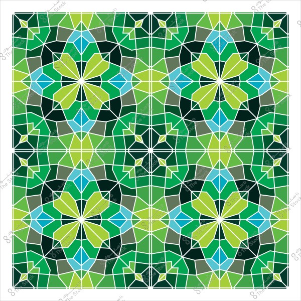 تصميم فسيفساء إسلامي بأشكال هندسية متماثلة بألوان خضراء وزرقاء.