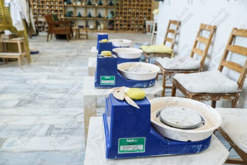 A shot showing a handmade pottery lab, pottery making