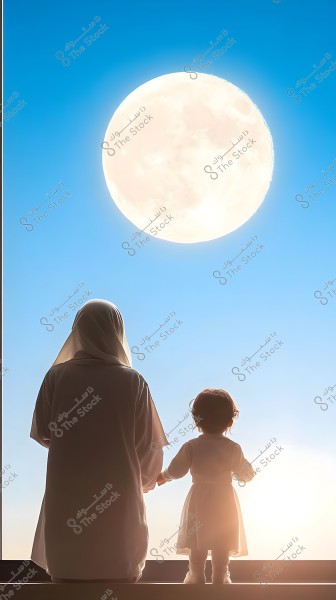 صورة تُظهر امرأة وطفلًا صغيرًا يقفان معًا أمام نافذة كبيرة, حيث يظهر القمر مكتملًا في السماء الزرقاء الواسعة. ترتدي المرأة عباءة وحجابًا باللون الأبيض, ويقف الطفل بجانبها مرتديًا زيًّا أبيض أيضًا.