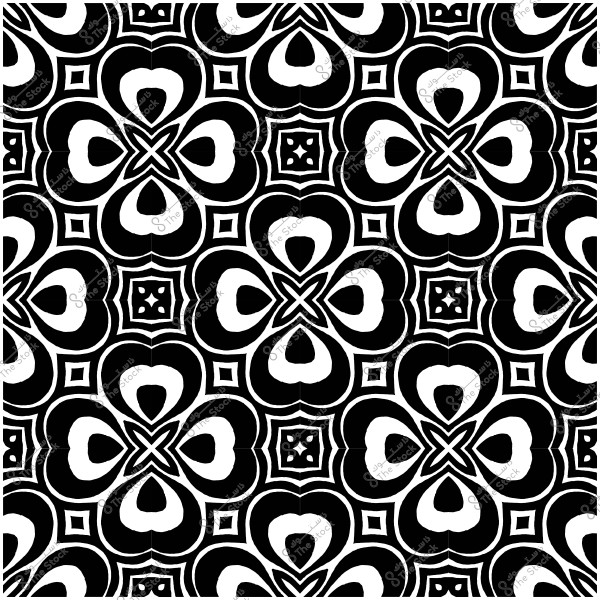 نمط أبيض وأسود مزخرف بتصميم متماثل يشبه الأزهار والقلوب.