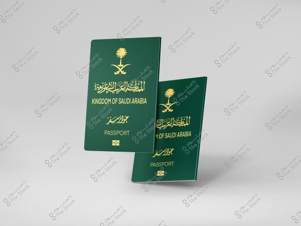 The image shows Saudi Arabian passports in dark green, with two passports positioned at an angle. The passports feature the Saudi emblem of a palm tree and crossed swords, with text in Arabic and English.