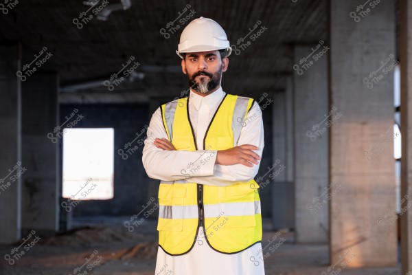 Image of a man wearing work attire including a traditional white garment, a yellow safety vest, and a white helmet, standing in a building construction site. The man has a beard and is dressed in clothing indicative of a Gulf region context.