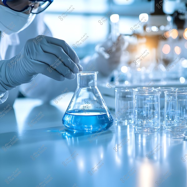A person wearing gloves and protective goggles is working in a chemistry lab. There is a glass flask with a transparent blue liquid on the table, surrounded by several empty laboratory beakers. The setting is bright and well-lit, with scientific equipment in the background.