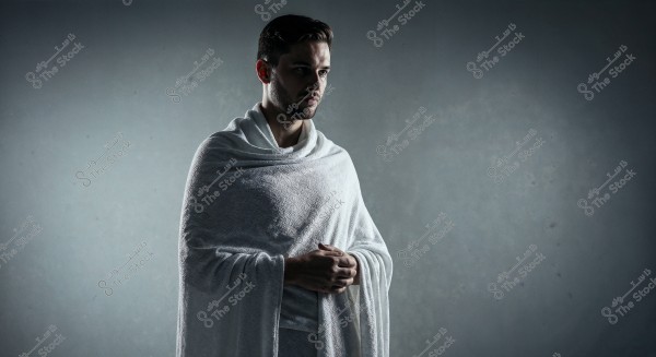 An image of a man standing in a contemplative pose, wearing a simple white garment similar to Ihram. The background is dark gray, adding a sense of calm and reflection.