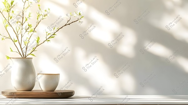 A simple ceramic vase in light white color, containing delicate white flowers and fresh green leaves, accompanied by a small cup of the same design on a light wooden tray. The background features soft shadows and natural light, conveying a sense of tranquility.