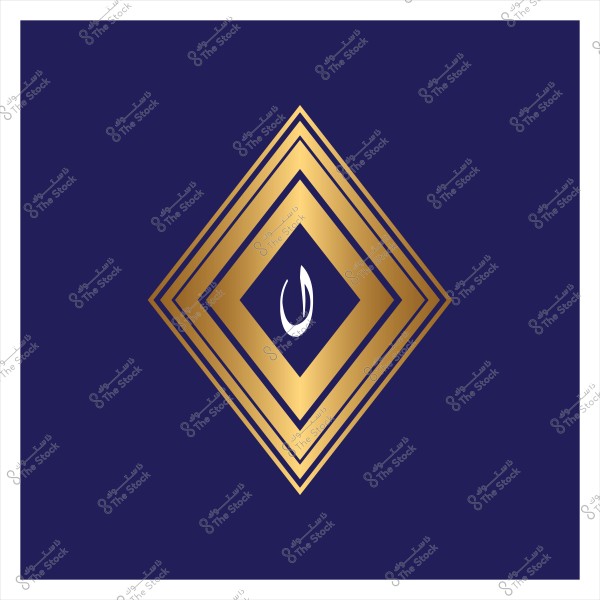 A geometric design with a dark blue background featuring a central gold diamond pattern, which has repeated diamond shapes and an Arabic letter \"N\" in white at the center.