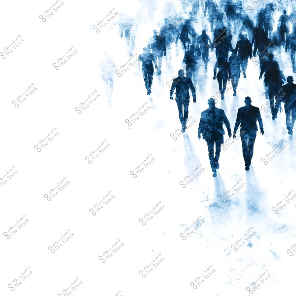 An abstract artistic image of a group of people walking towards the viewer. The figures appear as blue silhouettes against a white background, creating a sense of motion and blur. The image emphasizes negative space and the mysterious appearance of the human forms.