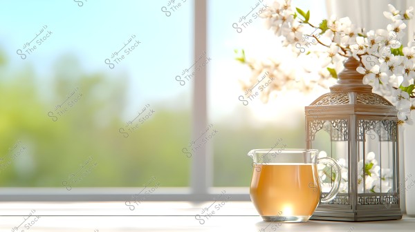 A view of an ornate metal lantern placed next to a glass jug containing a clear liquid, possibly juice or tea. The background features a window overlooking a blurred natural scene with flowering trees bearing white blossoms.