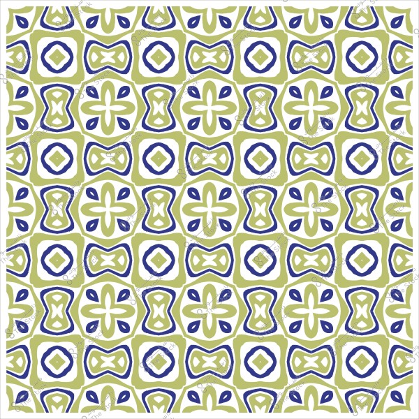 Repeating geometric pattern in green, blue, and white, featuring various geometric shapes like squares, circles, and floral motifs.