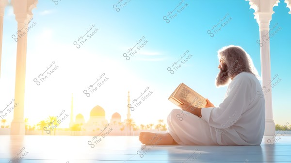 A person sitting on the ground under a canopy in a mosque, wearing a white robe and reading from a large book, likely the Quran. In the background, there is a mosque dome and minaret with a clear blue sky and sunlight shining through.