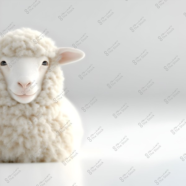 An image of a white, fluffy sheep with curly wool against a simple white background. The sheep\'s face is clearly visible, highlighting its big black eyes and large ears. The overall ambiance is calm and bright, creating a sense of purity and cleanliness.