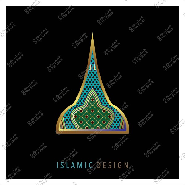 تصميم إسلامي ذهبي وأزرق على خلفية سوداء مع نقش هندسي.