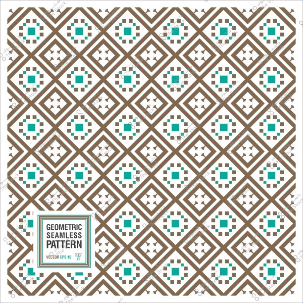 نمط هندسي متكرر بأشكال ماسية وزخارف مربعة باللونين البني والفيروزي على خلفية بيضاء.